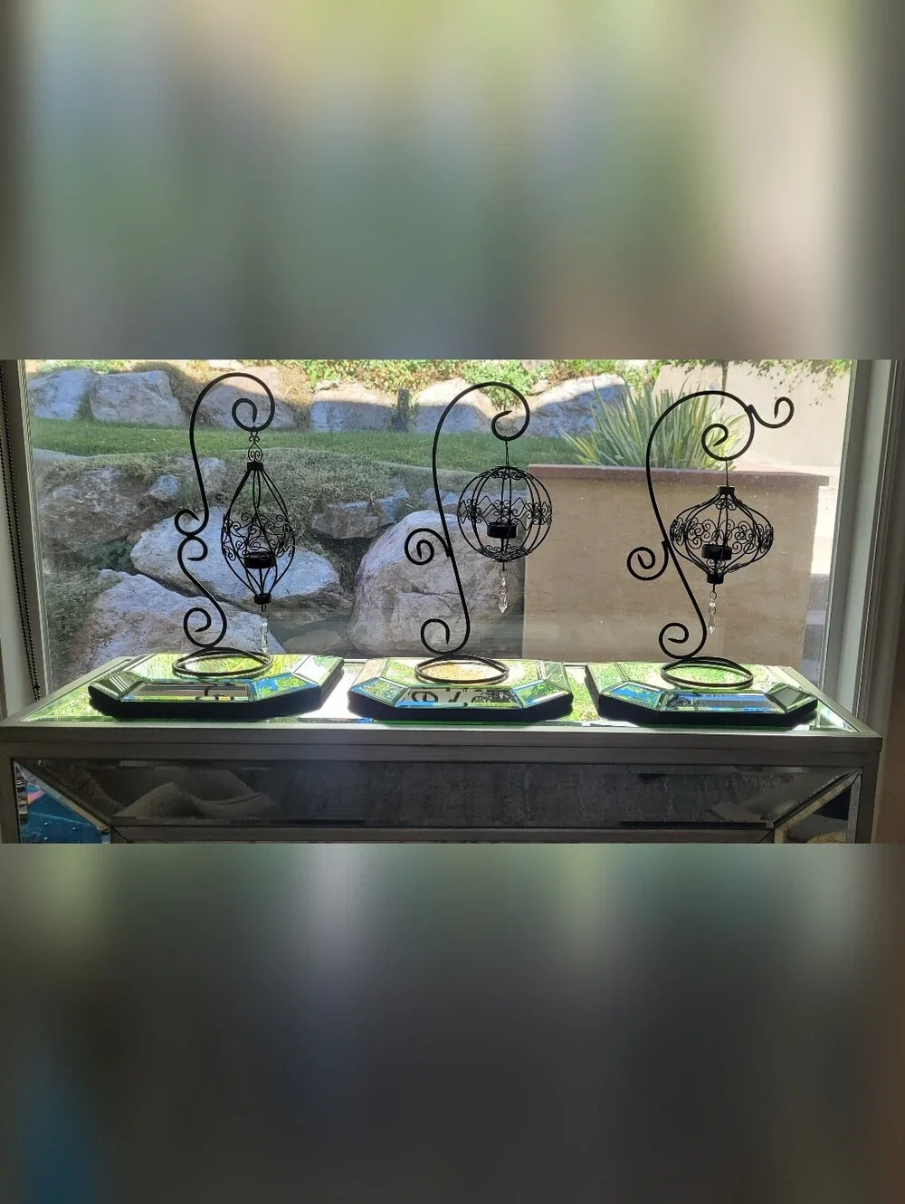 Vintage Tabletop Tealight Candle Lanterns with S Scrolling Design. Wrought Iron